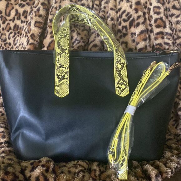 Black Faux Leather Neon Green Snakeskin Tote - Picture 3 of 8